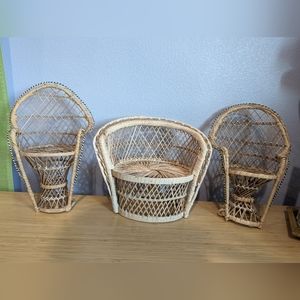3 Vintage Mini Peacock Wicker Fan Back Rattan Chairs